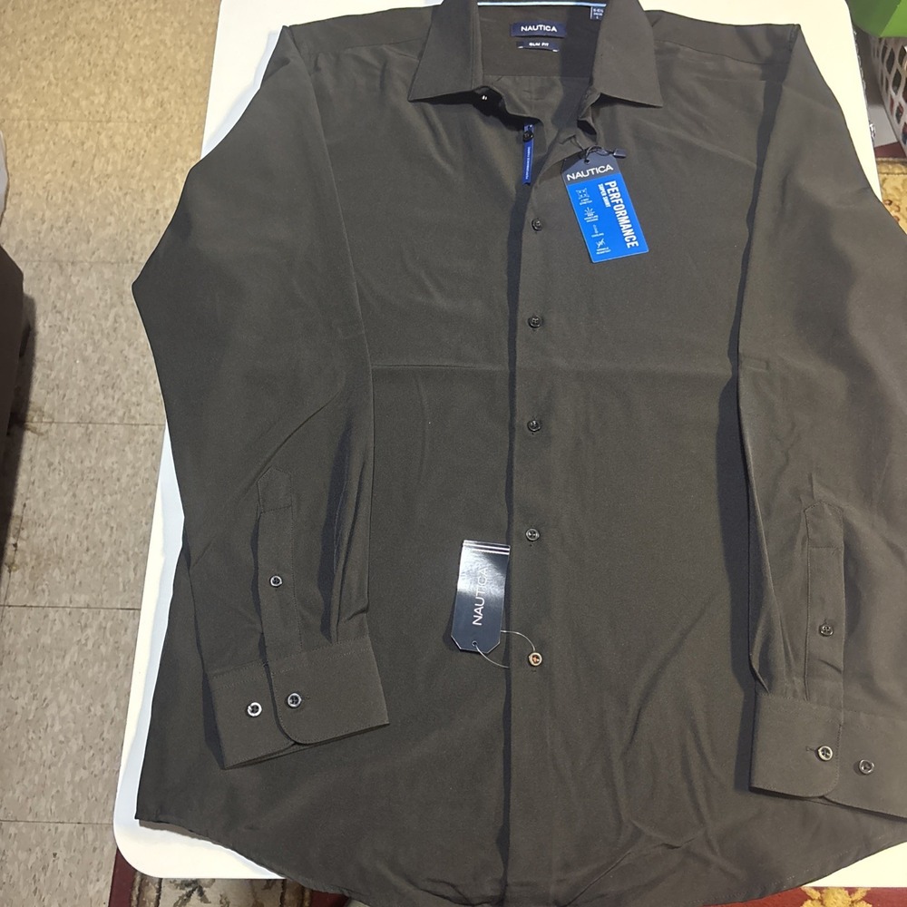 Nautica Men's Black Button Up Slim Fit Performance Super Shirt Size Large